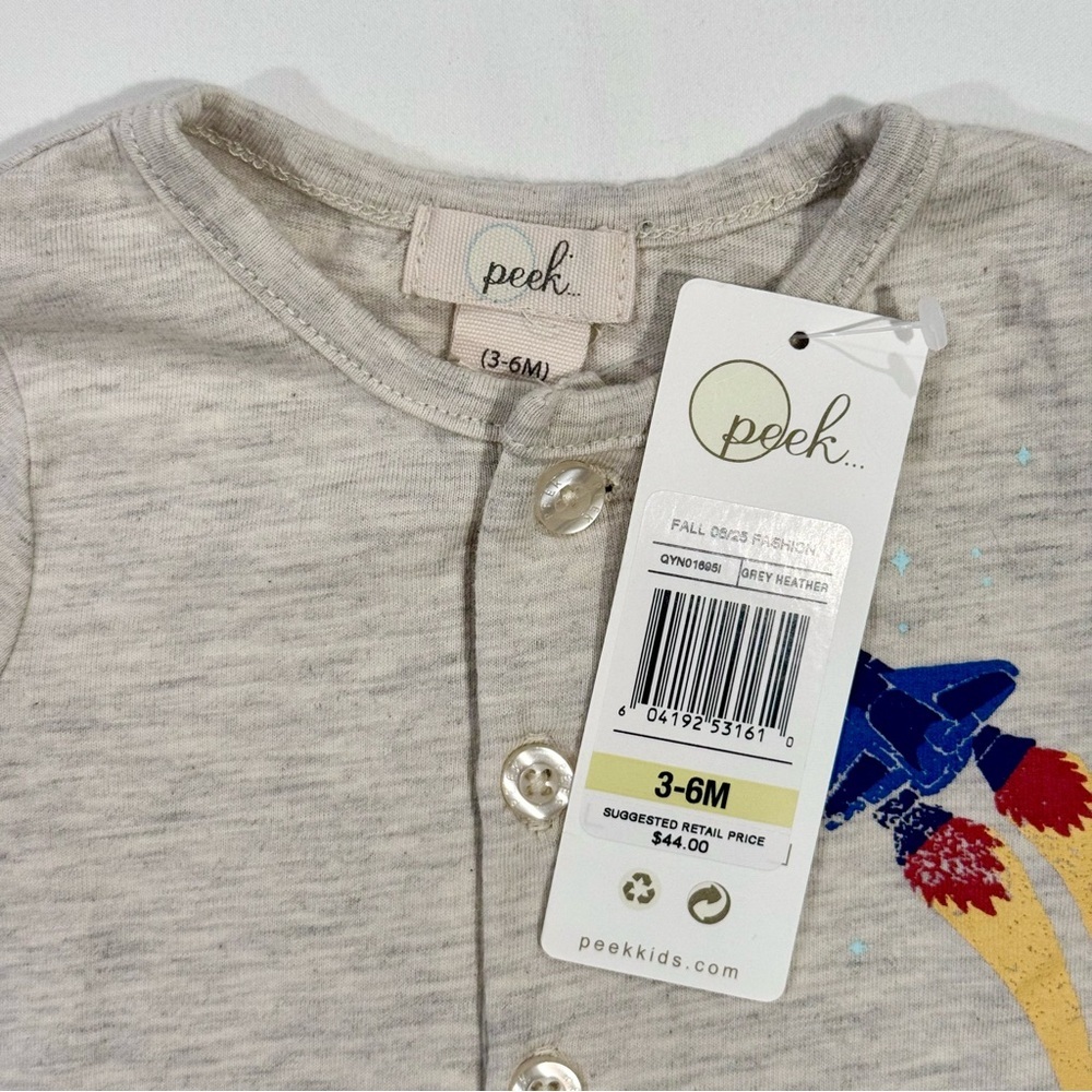 New Peek Rocket Ship Henley Romper Boys 3-6m Girls Cotton Outer Space Blast Off — image 3 of 6